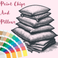 Site logo says Paint Chips And Pillows and has a fan of paint color swatches and a stack of pillows against a pale pink background.