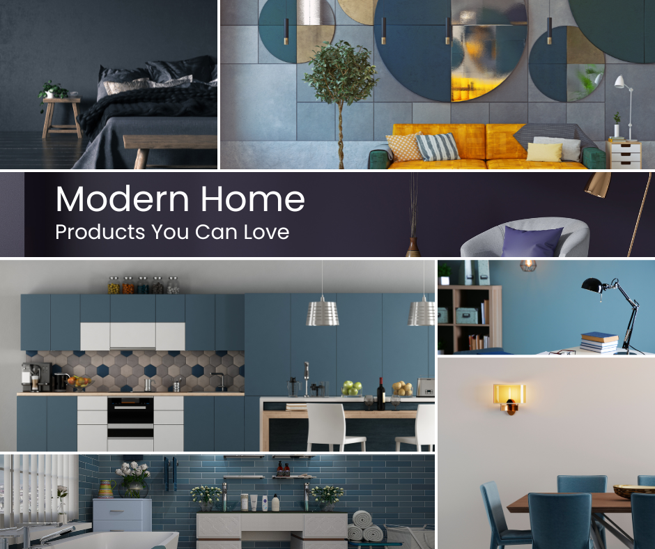 Collage of photos shows modern home products you can love, from wall mirrors and lighting to bedding and chairs.